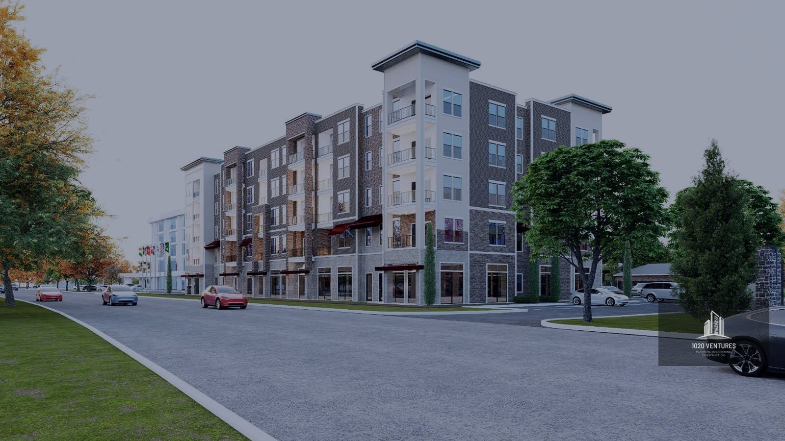 Street-level rendering of the mixed-use planned development, Arlington, Texas